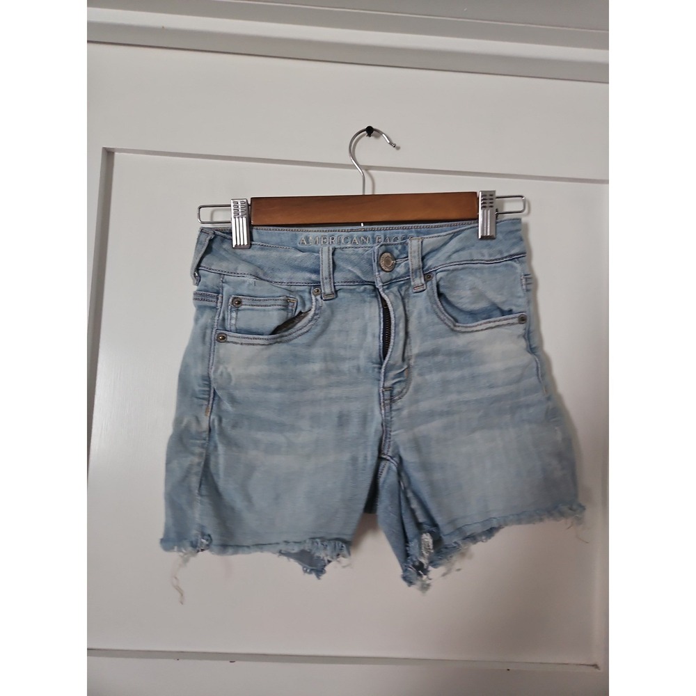 American Eagle Denim Shorts Womens 2 Light Wash Cutoff Frayed High Rise Stretch